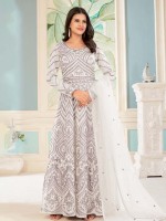 Off White Butterfly Net Designer Anarkali Salwar Kameez